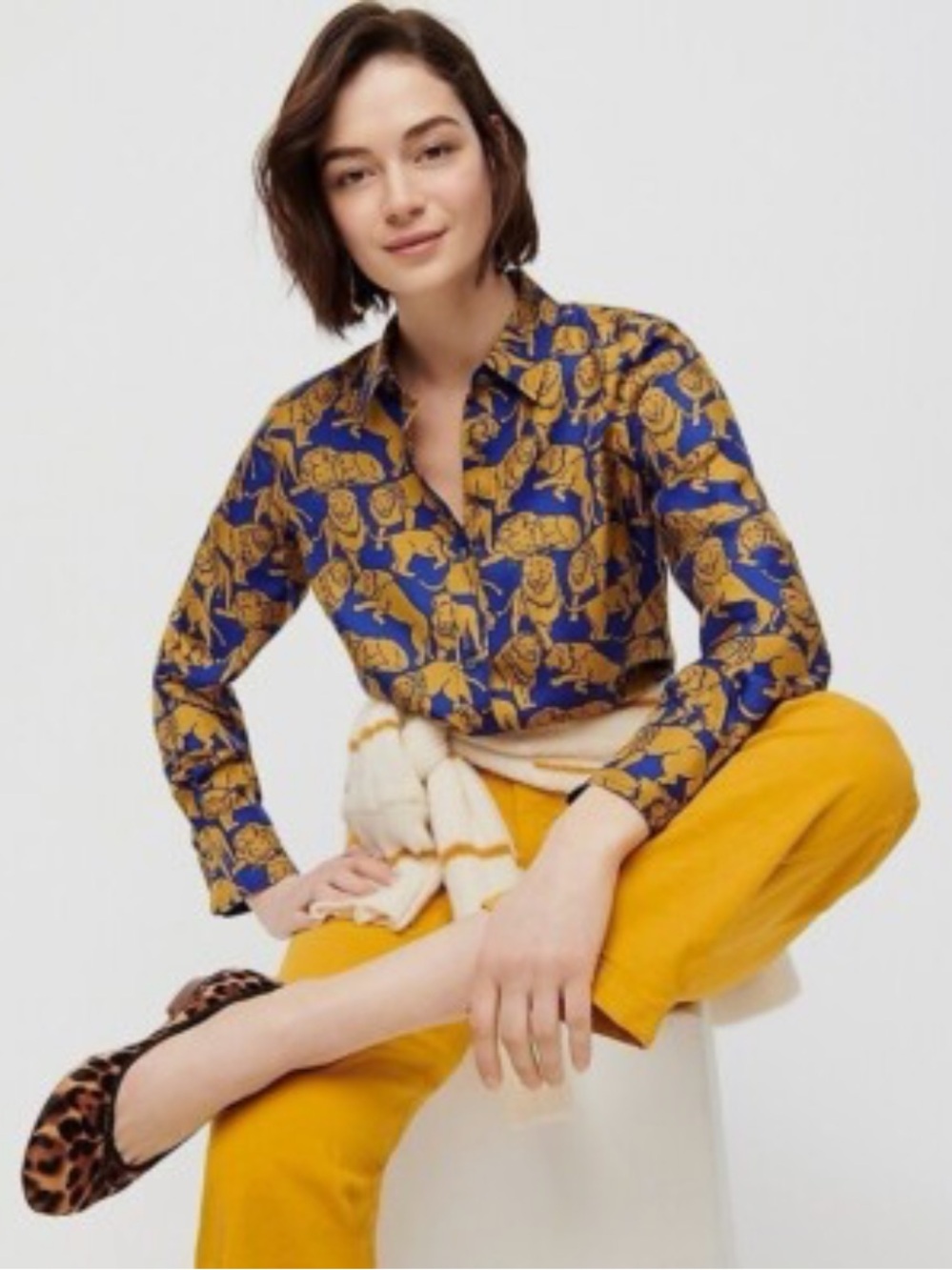 J Crew Collection silk twill button-up shirt in sleepy lions print SZ 2